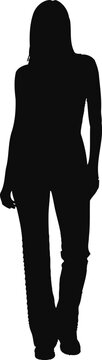 A black silhouette of a woman standing with her feet shoulder width apart on a white background