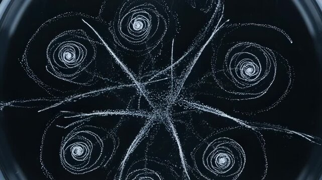 Microscopic view of sperm cells in motion. Abstract patterns form as they swirl and interact.
