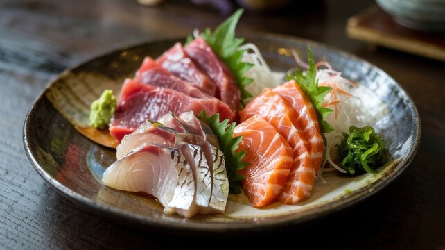 Sashimi. It is a traditional Japanese cuisine delicacy consisting of thinly sliced fillets of fresh raw fish or seafood.