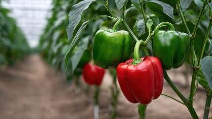 Red and green bell peppers growing on plants inside a greenhouse, with rows of healthy foliage and soil visible in the background