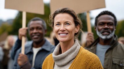 Fototapeta premium Caucasian woman smiling confidently among diverse group of protesters holding blank signs outdoors in a public space with trees and cloudy sky in the background