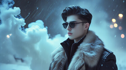 Moody portrait of a young man in a snowy, smoky environment wearing sunglasses and a fur-trimmed coat image background