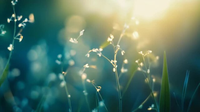 Wild grass and delicate buds backlit by golden hour sunlight, soft bokeh and gentle blur creating a serene, dreamy spring or summer morning scene of natural beauty