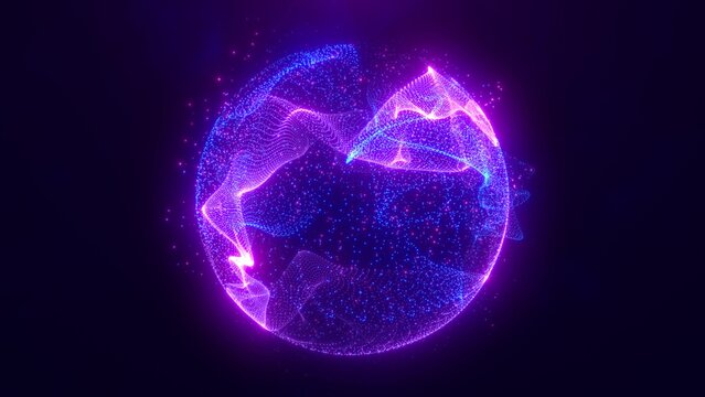 Abstract round blue to purple sphere light bright glowing from energy rays and magic waves from particles and dots, abstract background
