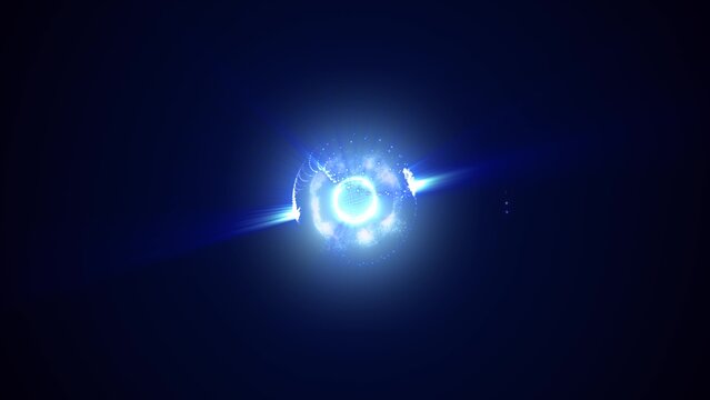 Abstract energy sphere with flying glowing bright blue particles, science futuristic atom with electrons hi-tech background