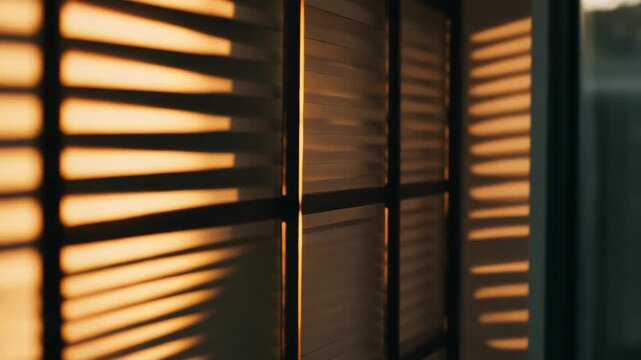 Warm sunlight streams through horizontal window blinds, creating a dramatic striped pattern of light and shadow on the indoor wall, evoking a peaceful and cozy morning or evening atmosphere