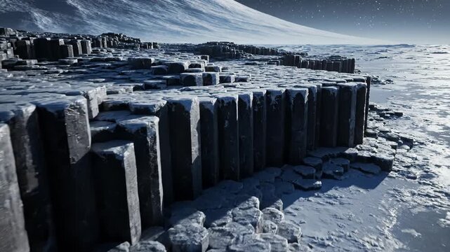 Frozen hexagonal rock formations line a desolate, icy landscape under a starry sky. A vast, snow-covered mountain dominates the distant horizon.