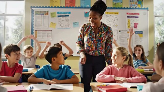 Engaged elementary school teacher interacting closely with diverse young students raising hands eagerly during an interactive classroom lesson activity