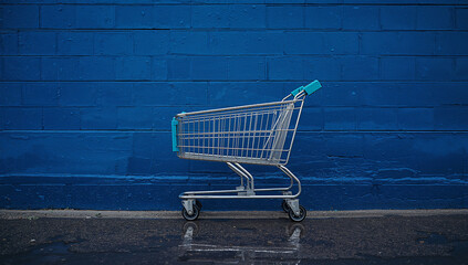 夕立後の濡れた路面と青い外壁に寄り添う買い物カート