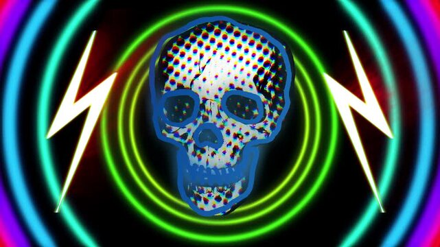 Pop art style skull with color shifting neon-like animation drawn over it. Halloween theme, with hypnotic background pattern and lightning bolts.