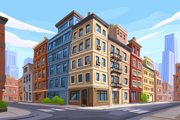 Obraz premium Colorful Urban Landscape with Stylized Buildings and Clear Sky
