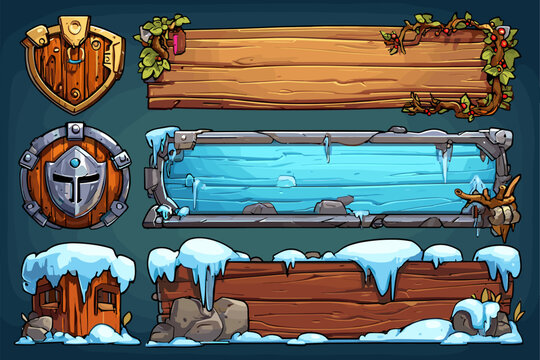 Fantasy Game UI Elements: Wooden and Stone Frames with Snowy Accents