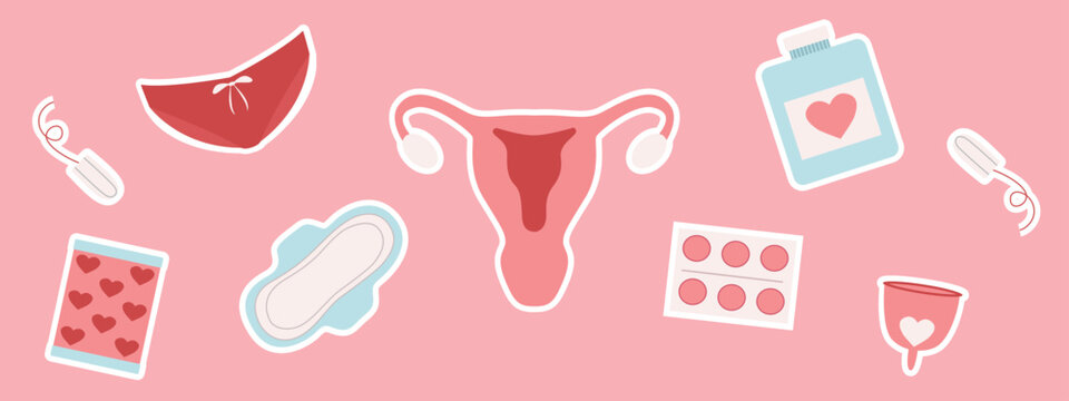 Cute hand drawn elements of woman menstruation period theme. Feminine hygiene products, vector illustration.
