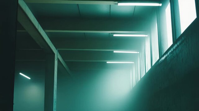 Empty industrial setting featuring dense fog illuminated by light rays piercing through a large window, creating a mysterious and atmospheric scene with an eerie blue green glow