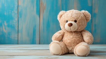 Obraz premium Cozy brown teddy bear sitting against blue wall