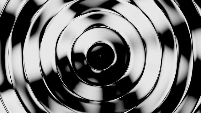 Fractal distortion of gradient monochrome waves in circular rippled glass stripes. Blending glowing color liquid flow. Dynamic color visual effect in fractal glass. 3d render Loop.