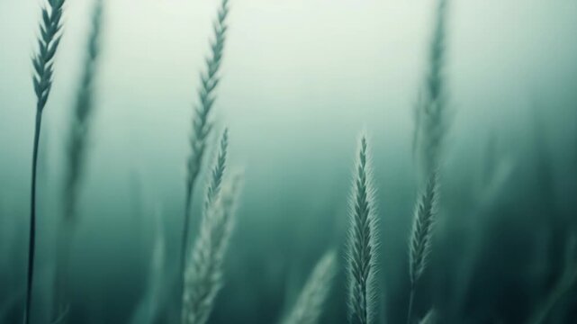 Green grass stalks gently swaying, standing tall against a soft, mystical background of diffused light and deep fog, evoking themes of tranquility, growth, and natural serenity