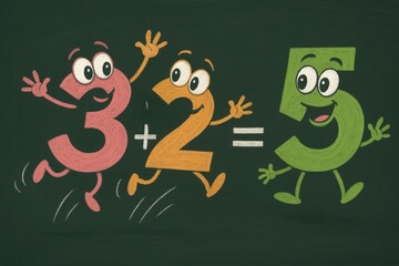 Naklejka premium Colorful Cartoon Numbers Illustrating Simple Math Equation on Chalkboard