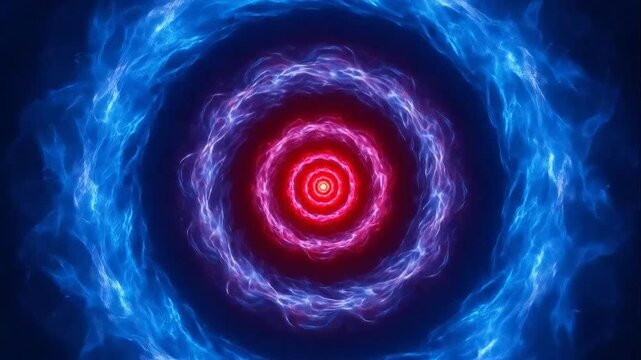 Abstract fractal pattern with vibrant concentric circles of blue and red glowing energy, digital art background.