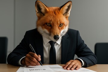 Obraz premium Fox-Headed Executive Analyzing Documents in Office Setting