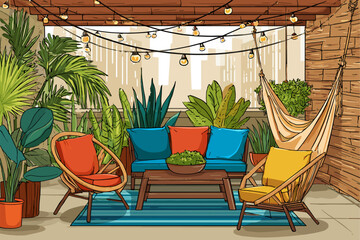 Fototapeta premium Charming Outdoor Patio with Colorful Seating and Lush Greenery