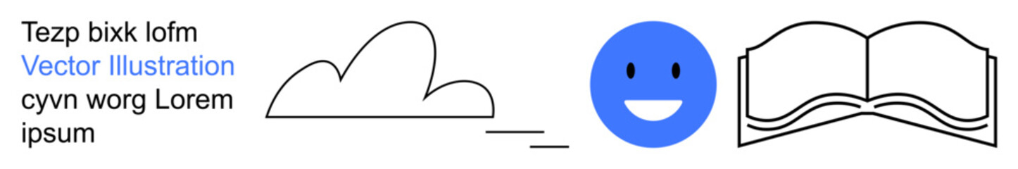 Obraz premium Education, creativity, communication, positivity, learning tools, graphic design. A cloud, blue happy and an open book symbol in a minimalist style. Education and creativity