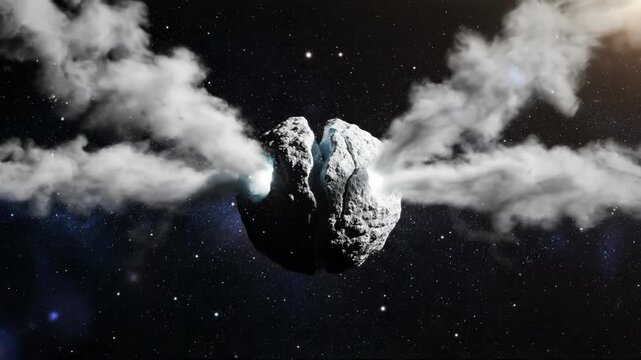 A fractured asteroid splits apart in the vastness of space. Wisps of cosmic dust and gas drift outwards from the impact.