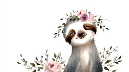 Obraz premium Whimsical Sloth with Floral Crown in Pastel Watercolor Style