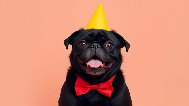 Happy black pug dog wearing a red bow tie and yellow party hat on peach background celebrating birthday or special occasion with joyful expression