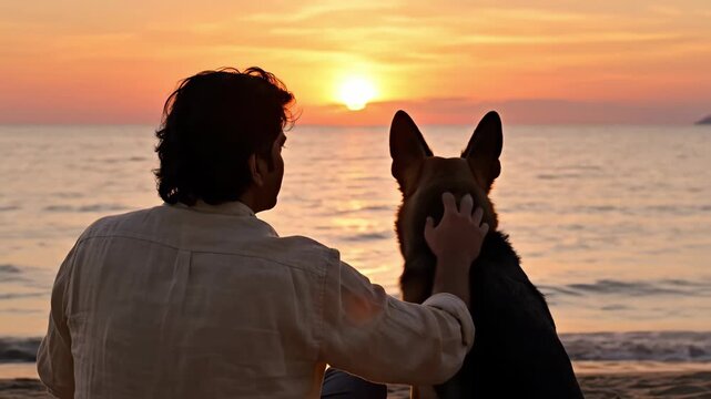 Wide shot shows man sitting on sandy beach at sunset with German shepherd, holding dog close while both watch orange sun setting over calm sea.
