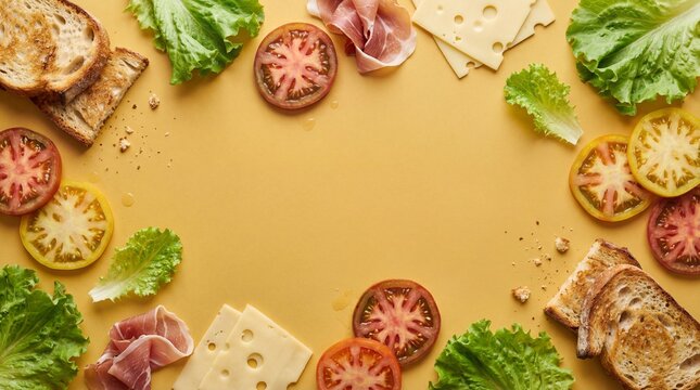 Overhead Flat Lay of Sandwich Ingredients Framing Yellow Copy Space