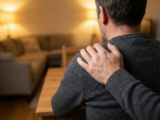 Obraz premium A man sitting at a table with a comforting hand on his shoulder in a cozy living room.