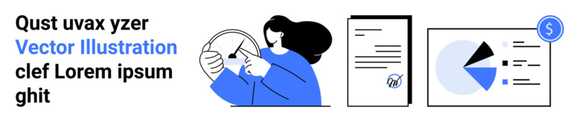 Person analyzing circular graph, document with pen, chart panel. Ideal for data analysis, reports, business growth, finance, education, marketing technology simple landing page