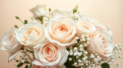 Close-up portrait of white rose and babybreath bouquet on soft creamy background, highlighting delicate petals and timeless elegance