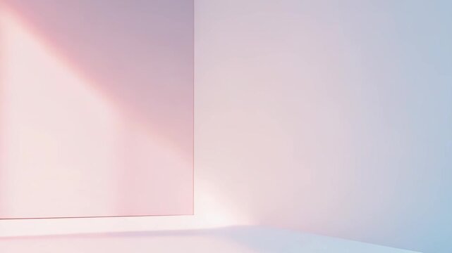 Abstract interior scene showcasing a minimalist space with a seamless gradient of soft pink and blue hues, creating dynamic geometric light and shadow patterns on the walls and floor