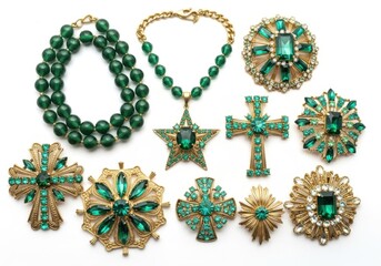 Green and gold jewelry isolated on white background including brooches and pendants