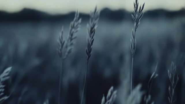 Field grass panicles standing out against a blurred background, creating a calm and tranquil scene in a natural environment during the quiet twilight hours