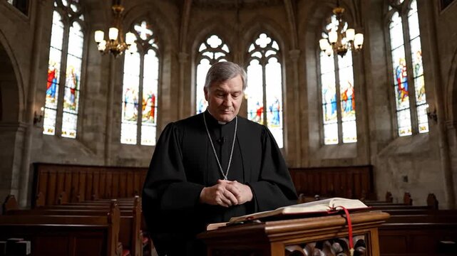 A Christian priest delivers a sermon from a lectern in a traditional church. A pastor raises his hands in prayer and blessing. Faith and worship concept