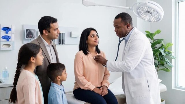 Cardiologist listening to female patient heart with stethoscope during family medical checkup with her partner and their children to the side