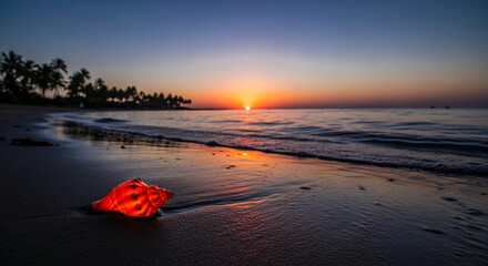 Bright conch shell on dark sand near calm sea at sunset, creating a scenic beach vista, representing a peaceful tropical vacation and tranquility