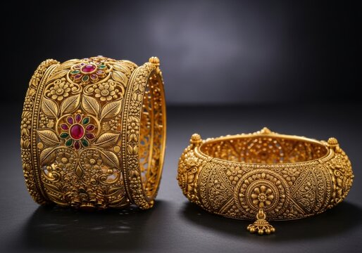 Two gold bangles with red gemstones on dark surface