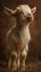 Curious Baby Goat with Cream Fur in Rustic Studio Portrait