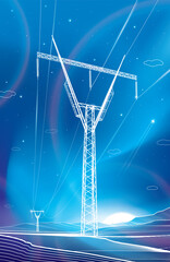 High voltage transmission systems. Power lines. Night illumination. Neon glow landscape.. White outlines on blue background. Vector design art