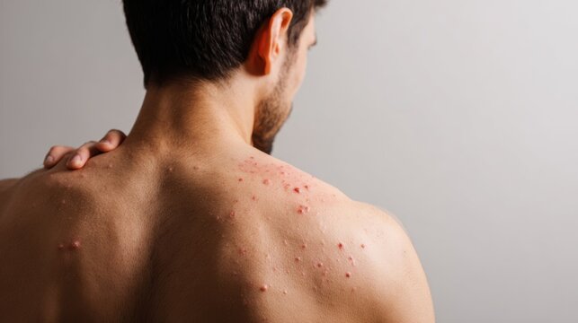 A man stands with his back to the viewer revealing skin blemishes on his upper back. The setting features soft lighting emphasizing the individuals skin condition.
