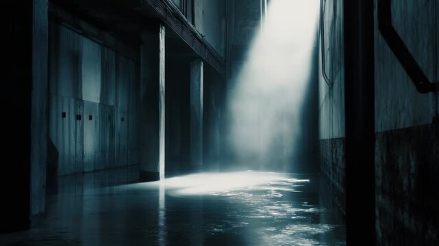 Dramatic light beam illuminating a dark, industrial, water covered concrete floor with pillars, creating an atmospheric scene reflecting concepts of hope, mystery, and an abandoned world
