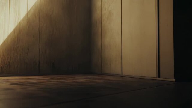 Empty room interior with light entering through a window, creating abstract shadows on the textured wall and wooden floor, suggesting concepts of minimalism and space