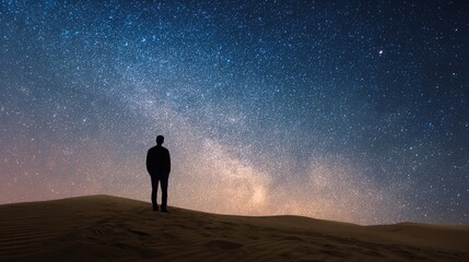 Fototapeta premium Silhouette of a Man Standing in Desert Under Starry Milky Way Sky
