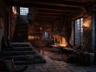 Naklejka premium Cozy Stone Cottage Interior at Dusk with Fireplace and Window Light