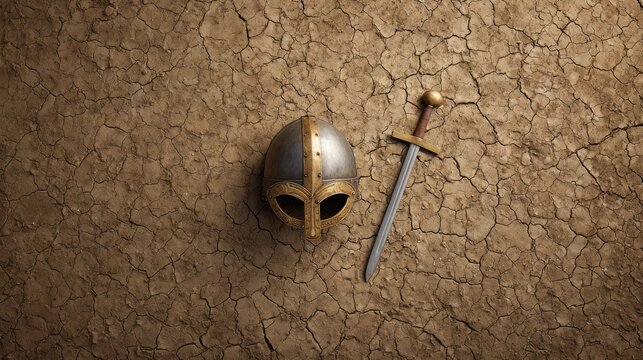 Viking Helmet and Sword on Cracked Dry Earth Background