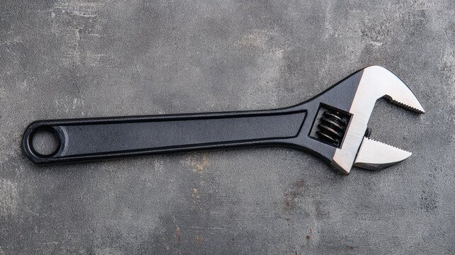 Black Adjustable Wrench on Industrial Concrete Surface
